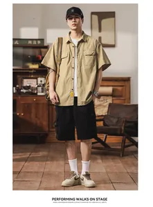 Japanese style men's khaki cargo short sleeve shirt for casual stylish summer wear