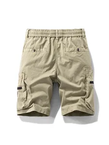 Durable khaki men's casual cargo shorts with elastic waistband and pockets for summer wear