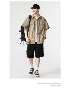 Stylishly designed casual khaki short-sleeve cargo shirt for men featuring double chest pockets.