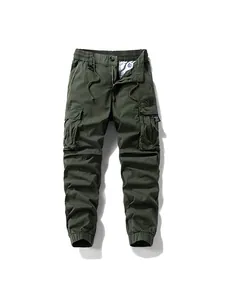 Military green multi-pocket cargo jogger pants for men with high street design.