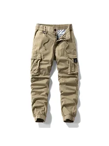 Khaki multi-pocket cargo jogger pants for men in high street fashion style
