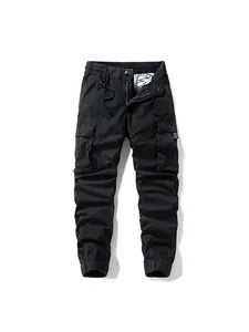 Men's black multi-pocket cargo jogger pants with tactical high-street design style
