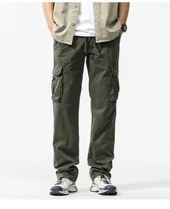 Vintage olive green multi-pocket cargo pants for men featuring a loose and relaxed fit.