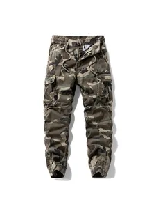 Men's woodland camouflage cargo jogger pants featuring multi-pockets and drawstring