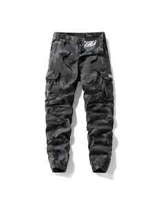 Men's dark camo cargo jogger pants with elastic drawstring waist and side pockets