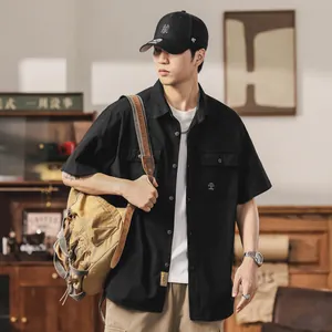 Men Japanese Vintage Cargo Shirt Short Sleeve Solid Color Cotton Blend Casual Multi Pocket Lapel Top Workwear Shirt