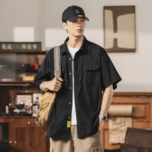 Stylish men's black Japanese style cargo short-sleeve shirt with multi-pockets for summer