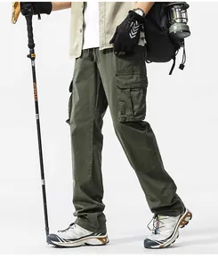 Men's American vintage olive green multi-pocket cargo pants featuring a loose and casual fit