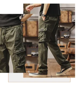 Detailed side view and pocket close-up of men's olive green loose straight cargo pants.