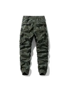 Full back view of men's loose jungle camouflage cargo pants with elastic jogger cuffs