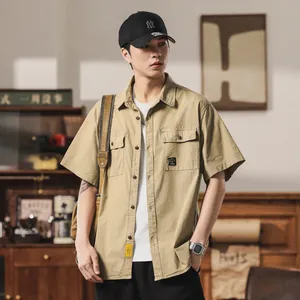 Vintage khaki short sleeve workwear shirt for men with stylish multi-pocket design