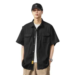 Men's Japanese style black utility short sleeve shirt with multiple pockets