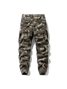 Men's camouflage cargo joggers featuring elastic waist and pockets for outdoor leisure.
