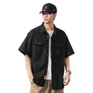 Men's retro Japanese style short-sleeved black utility shirt with dual chest pockets