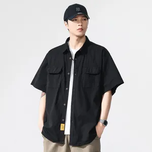 Men Japanese Retro Workwear Short Sleeve Shirt Loose Fit Cotton Blend Multi-Pocket Button Down Casual Utility Cargo Shirt Top