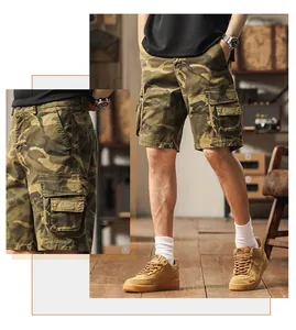 Close-up detail of men's loose fit camouflage cargo shorts with functional side pockets