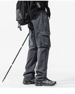 Detailed side view of premium dark grey heavy cargo pants featuring multi-pocket design