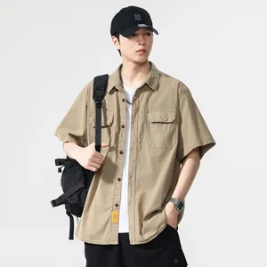 Japanese style khaki men's short-sleeved workwear shirt featuring retro multi-pocket design