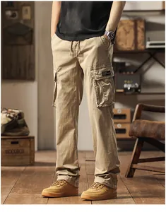 Men's loose khaki cargo pants featuring multiple side pockets and a straight leg fit