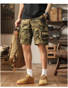 Detail view of men's camouflage cargo shorts with multi-pockets in a vintage studio setting