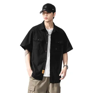 Men's black short-sleeved cargo shirt in Japanese retro style, relaxed casual workwear