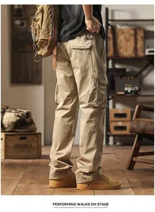 Detailed view of khaki cargo pants with multiple side pockets and vintage styling.