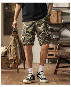 Model wearing camouflage cargo shorts with large side pockets in a vintage setting