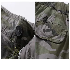 Detailed macro view of camouflage shorts button fly and cargo side pocket stitching