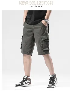 Men's loose olive green cargo shorts featuring multiple pockets for casual summer wear