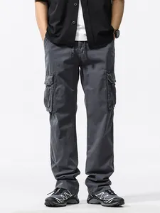 Men's heavyweight American retro multi-pocket loose casual cargo pants in dark grey