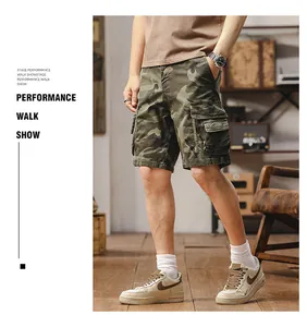 Detailed side view of camouflage cargo shorts with large utility pockets