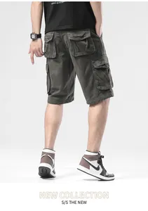 Detailed back view of men's olive green multi-pocket relaxed fit casual cargo shorts