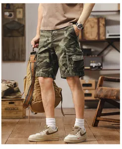 Detailed view of men's vintage camouflage cargo shorts featuring functional multi-pockets