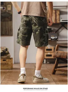 Detailed back view of men's camouflage cargo shorts with large pockets and rugged style