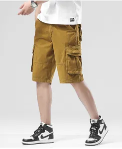 Close-up of men's mustard yellow cargo shorts with multi-pocket design