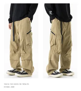 Side view of men's khaki multi-pocket cargo pants with functional outdoor styling