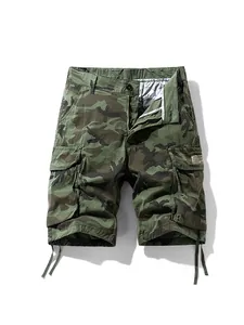 Professional men's camouflage cargo shorts featuring multi-pockets and drawstring hem.