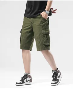 Detailed side view of olive green men's multi-pocket cargo shorts for casual summer wear