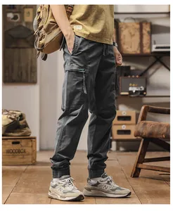 Vintage ιαπωνικό στυλ σκούρο γκρι παντελόνι cargo jogger με πολλές τσέπες για άνδρες