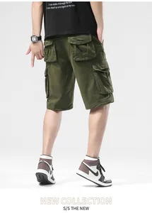 Back view of men's loose cargo shorts in olive green with functional multi-pockets