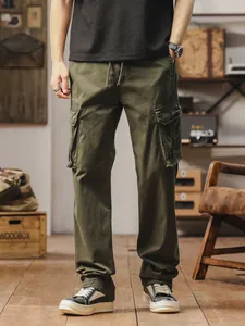 Classic men's loose straight leg cargo pants in olive green featuring multi-pocket design