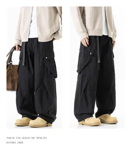 Side-by-side detail of men's black straight-leg cargo pants with multi-pockets