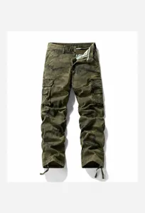 Detail view of men's loose camouflage cargo pants with classic vintage pattern