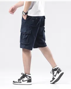 Side view of navy blue men's cargo shorts with functional multi-pocket design.
