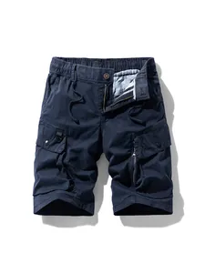 Short cargo pour homme bleu foncé avec plusieurs poches et taille à cordon de serrage