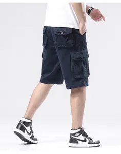 Detailed side view of navy blue men's cargo shorts featuring multiple utility pockets.