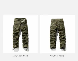 Front and back detail views of men's army green retro camouflage cargo pants detail