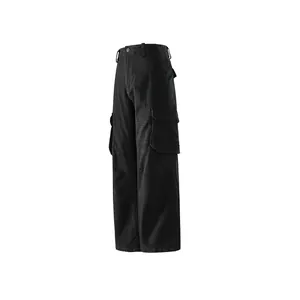 Men's loose straight black cargo pants with multiple pockets and stitch details