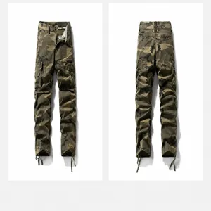 Detailed front and back views of durable khaki camouflage cargo pants with utility pockets