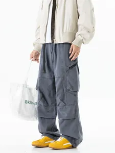 Cotton Men Loose Straight Cargo Pants Multi-Pocket Outdoor Gorpcore Trousers Japanese Style Casual Workwear Bottom With Drawstring